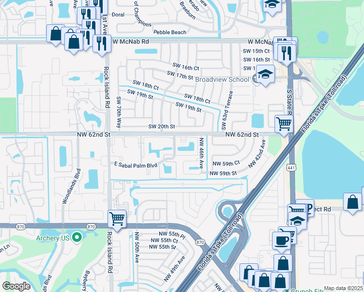 map of restaurants, bars, coffee shops, grocery stores, and more near 4940 East Sabal Palm Boulevard in Tamarac