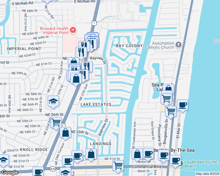 map of restaurants, bars, coffee shops, grocery stores, and more near 3109 Northeast 58th Street in Fort Lauderdale