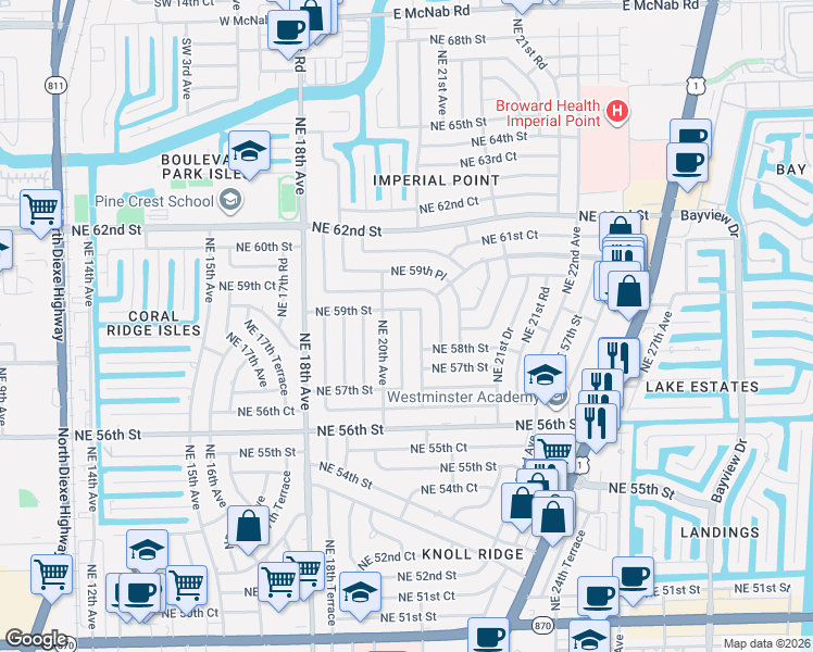map of restaurants, bars, coffee shops, grocery stores, and more near 5850 Northeast 20th Avenue in Fort Lauderdale