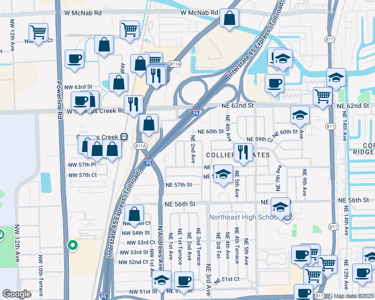 map of restaurants, bars, coffee shops, grocery stores, and more near 5940 Northeast 1st Terrace in Fort Lauderdale