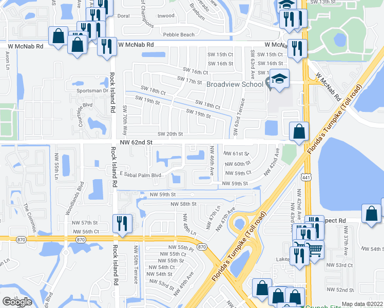 map of restaurants, bars, coffee shops, grocery stores, and more near 4940 East Sabal Palm Boulevard in Tamarac