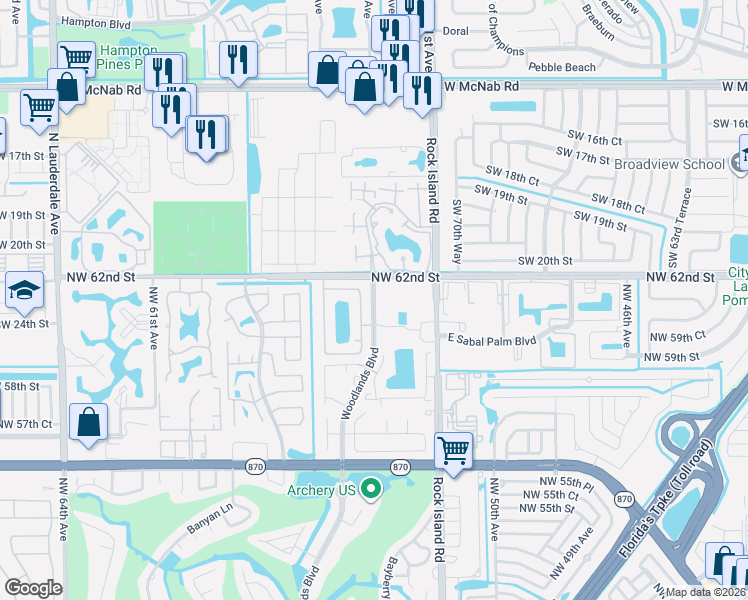 map of restaurants, bars, coffee shops, grocery stores, and more near 6160 Northwest 54th Lane in Tamarac