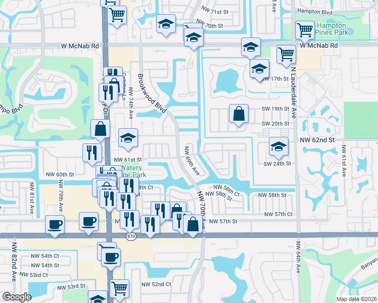 map of restaurants, bars, coffee shops, grocery stores, and more near 6106 Northwest 69th Avenue in Tamarac