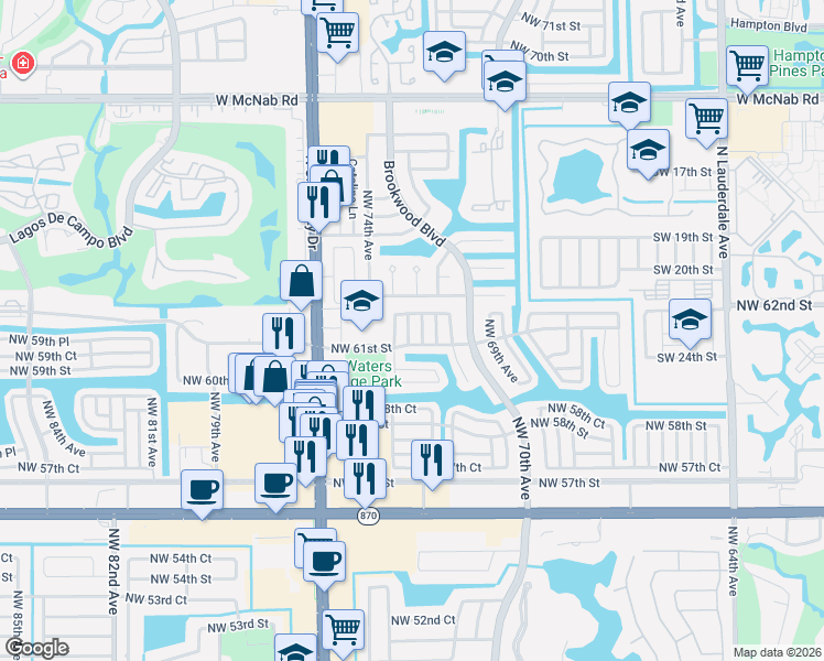 map of restaurants, bars, coffee shops, grocery stores, and more near 6108 Northwest 73rd Terrace in Tamarac