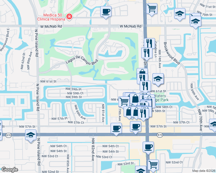 map of restaurants, bars, coffee shops, grocery stores, and more near 8001 Northwest 61st Street in Tamarac