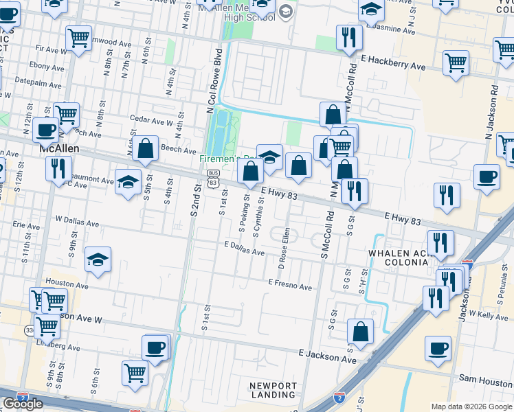 map of restaurants, bars, coffee shops, grocery stores, and more near 304 U.S. 83 Business in McAllen
