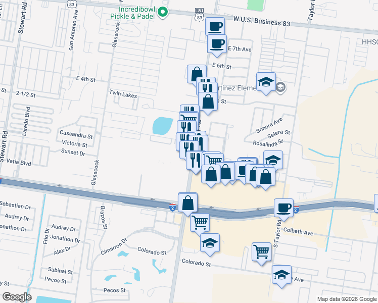 map of restaurants, bars, coffee shops, grocery stores, and more near 118 South Shary Road in Mission