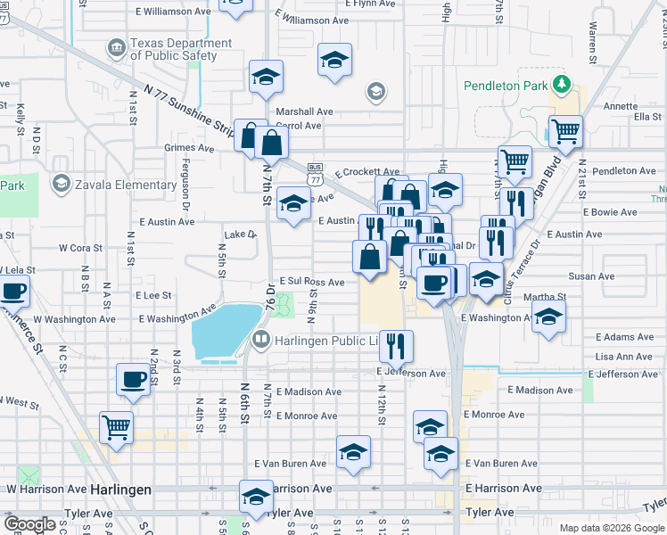 map of restaurants, bars, coffee shops, grocery stores, and more near 915 East Jim Hogg Avenue in Harlingen