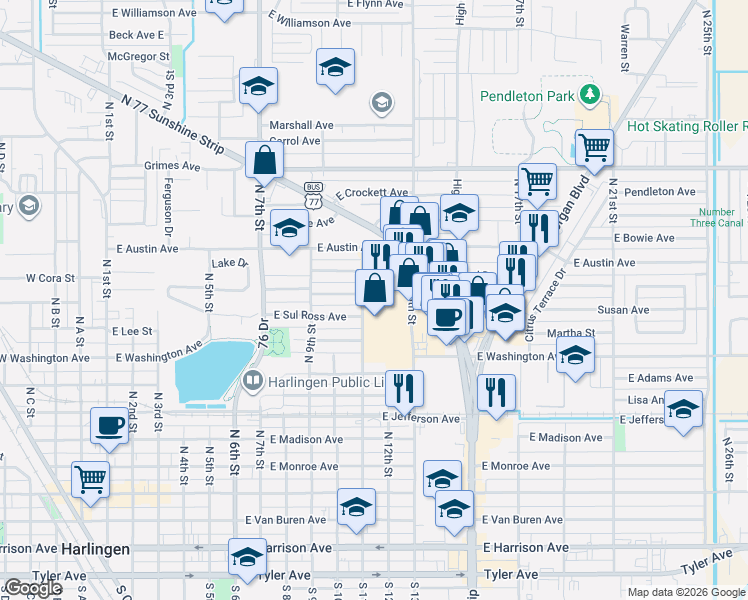 map of restaurants, bars, coffee shops, grocery stores, and more near 846 North 11th Street in Harlingen