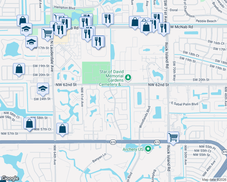 map of restaurants, bars, coffee shops, grocery stores, and more near 40 Meacham Lane in Tamarac