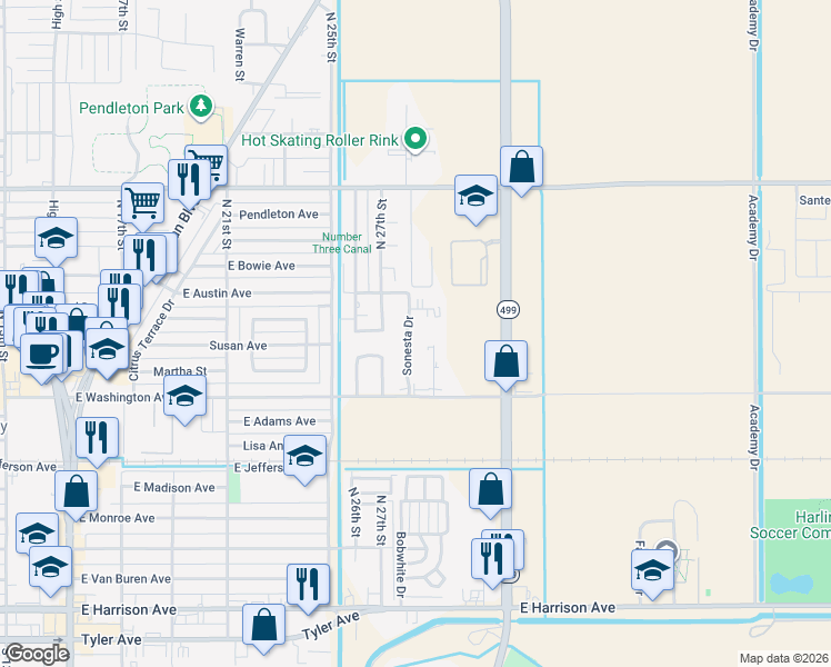 map of restaurants, bars, coffee shops, grocery stores, and more near 754 Sonesta Drive in Harlingen