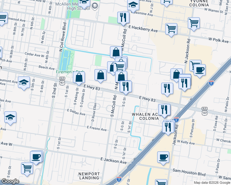 map of restaurants, bars, coffee shops, grocery stores, and more near 100 North McColl Road in McAllen
