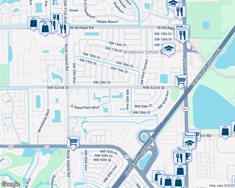 map of restaurants, bars, coffee shops, grocery stores, and more near 4940 East Sabal Palm Boulevard in Tamarac