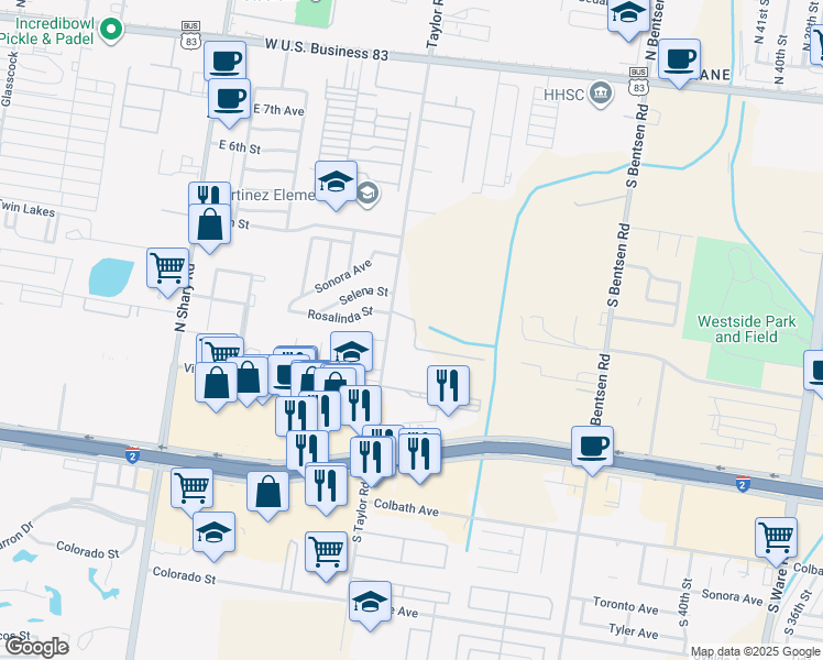 map of restaurants, bars, coffee shops, grocery stores, and more near 1117 South Taylor Road in McAllen