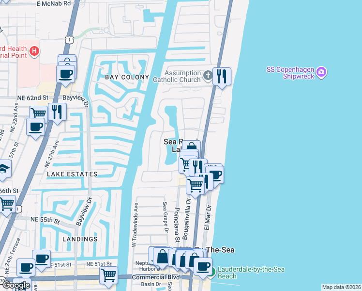 map of restaurants, bars, coffee shops, grocery stores, and more near in Sea Ranch Lakes