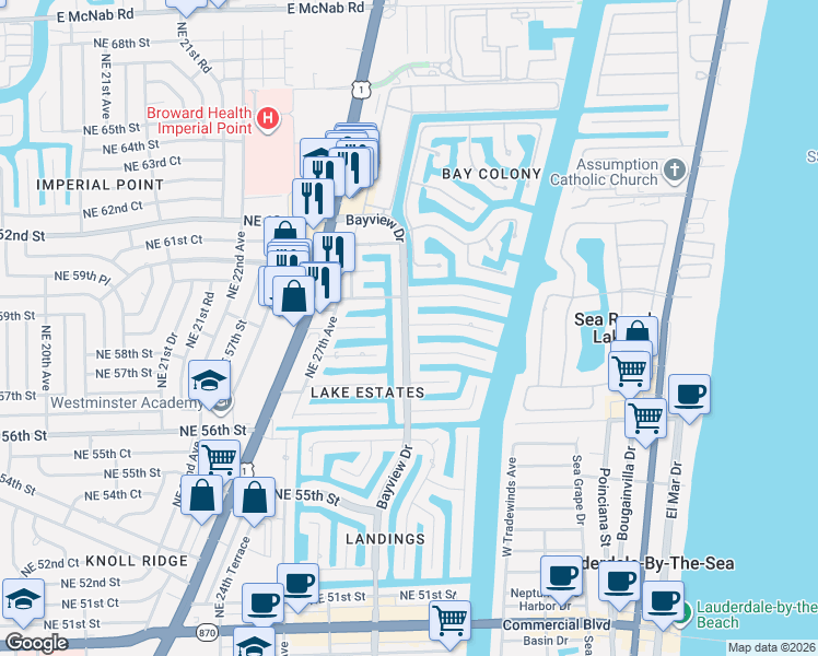 map of restaurants, bars, coffee shops, grocery stores, and more near 5811 Bayview Drive in Fort Lauderdale