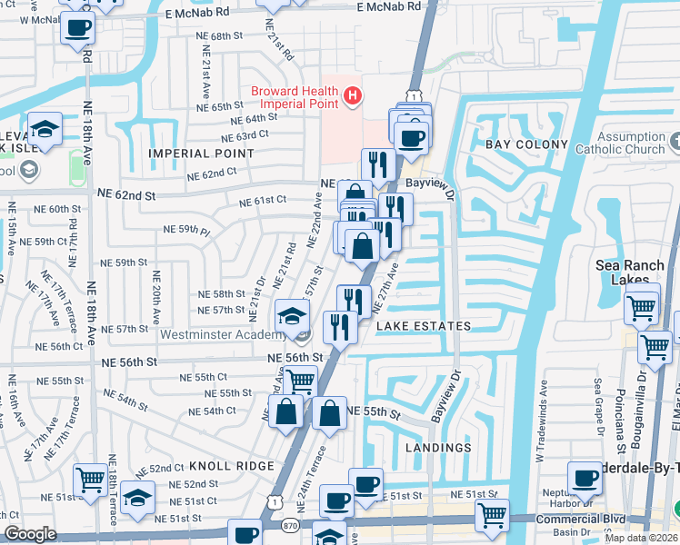 map of restaurants, bars, coffee shops, grocery stores, and more near 5975 North Federal Highway in Fort Lauderdale