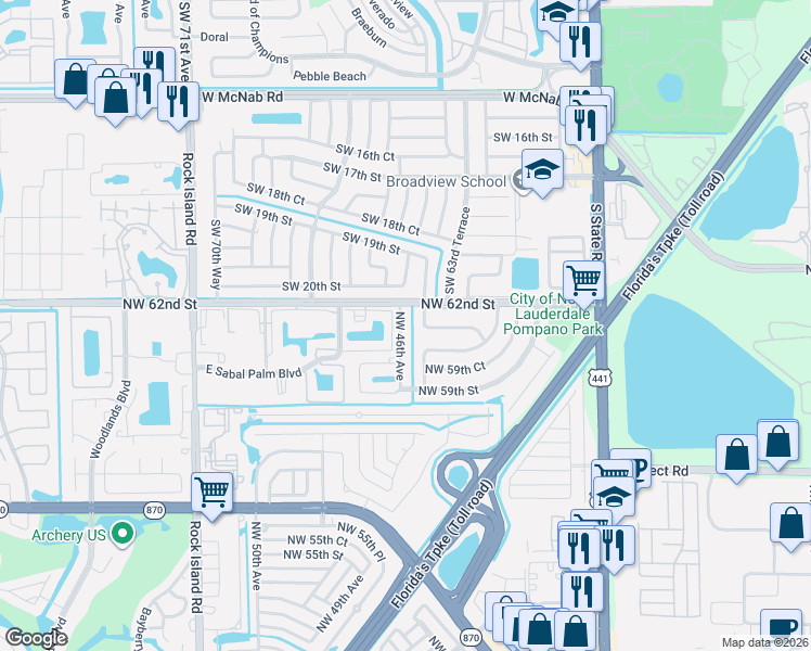 map of restaurants, bars, coffee shops, grocery stores, and more near 6131 Northwest 45th Avenue in Fort Lauderdale