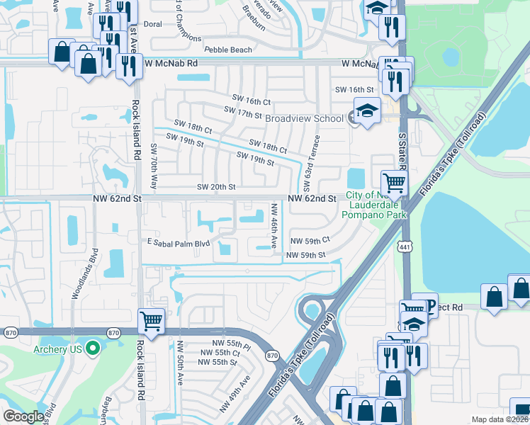 map of restaurants, bars, coffee shops, grocery stores, and more near 4930 East Sabal Palm Boulevard in Tamarac
