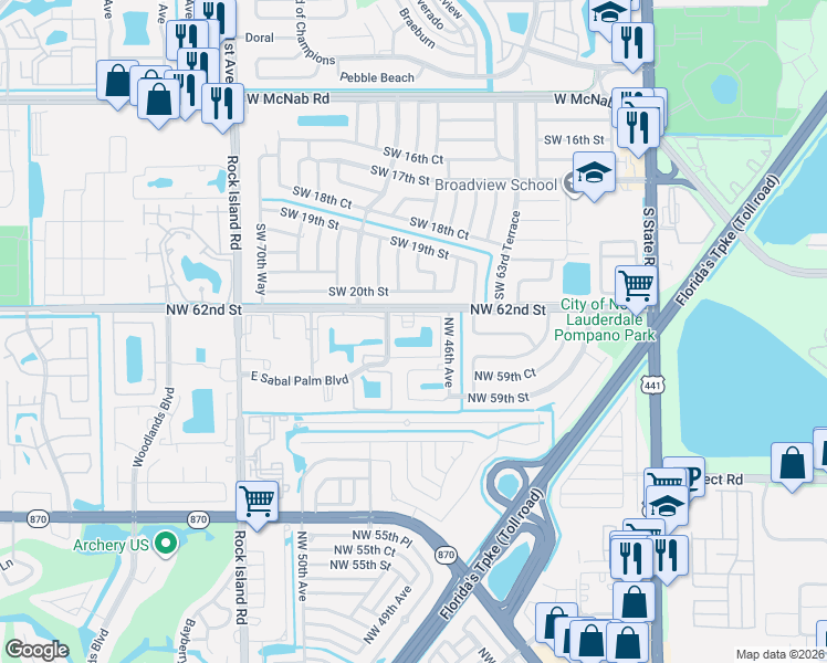 map of restaurants, bars, coffee shops, grocery stores, and more near 4930 East Sabal Palm Boulevard in Tamarac