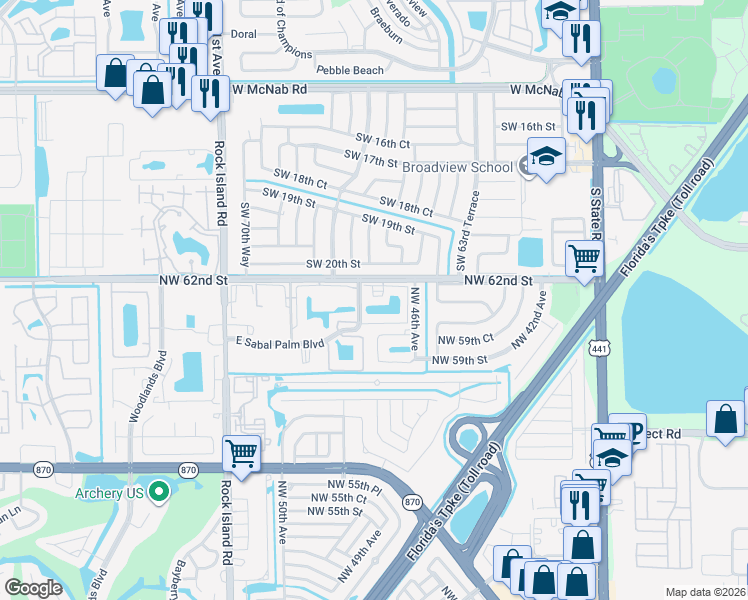 map of restaurants, bars, coffee shops, grocery stores, and more near 4940 East Sabal Palm Boulevard in Tamarac