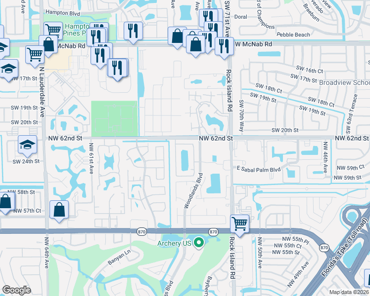 map of restaurants, bars, coffee shops, grocery stores, and more near 5550 Northwest 61st Place in Tamarac