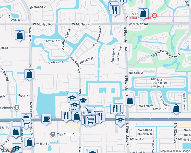 map of restaurants, bars, coffee shops, grocery stores, and more near 6041 Northwest 91st Way in Tamarac