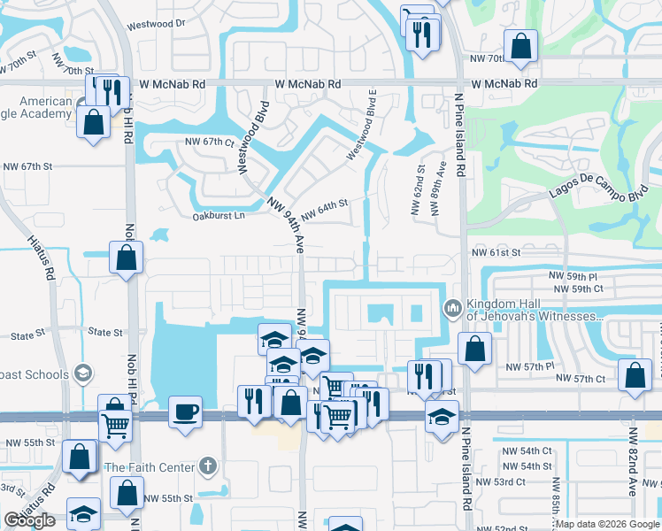 map of restaurants, bars, coffee shops, grocery stores, and more near 6000 Northwest 94th Avenue in Tamarac