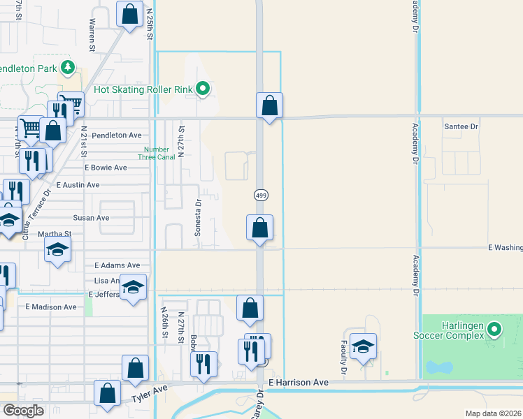 map of restaurants, bars, coffee shops, grocery stores, and more near 499 West Washington Avenue in Harlingen