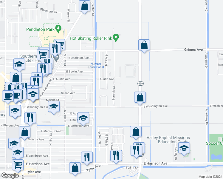 map of restaurants, bars, coffee shops, grocery stores, and more near 754 Sonesta Drive in Harlingen