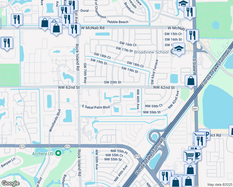 map of restaurants, bars, coffee shops, grocery stores, and more near 4955 East Sabal Palm Boulevard in Tamarac