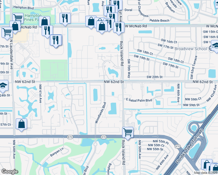 map of restaurants, bars, coffee shops, grocery stores, and more near 6190 Woodlands Boulevard in Tamarac