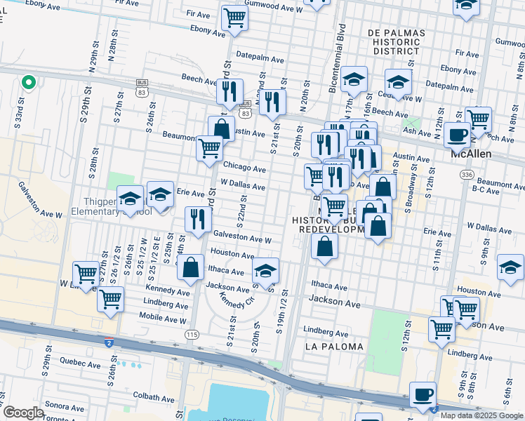 map of restaurants, bars, coffee shops, grocery stores, and more near 504 South 21st Street in McAllen