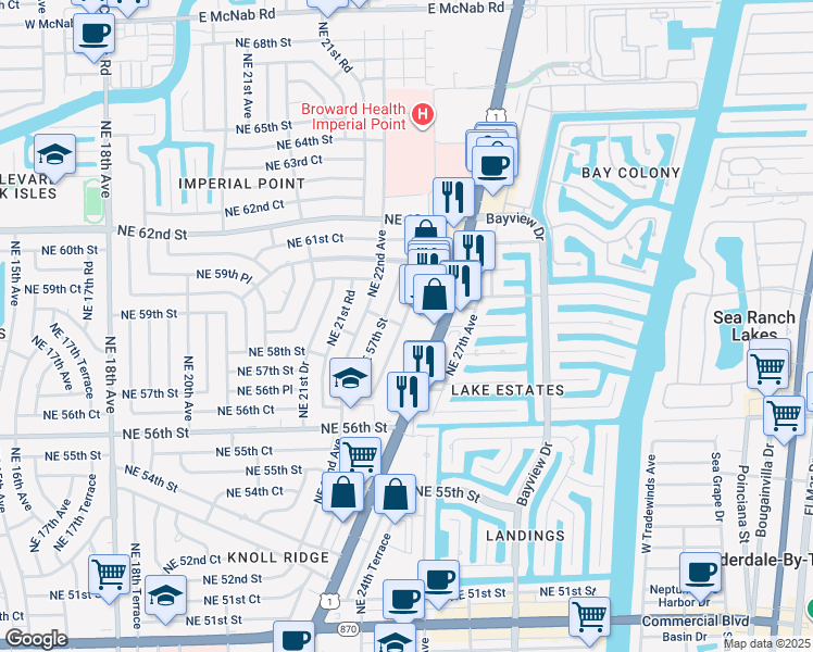 map of restaurants, bars, coffee shops, grocery stores, and more near 5975 North Federal Highway in Fort Lauderdale