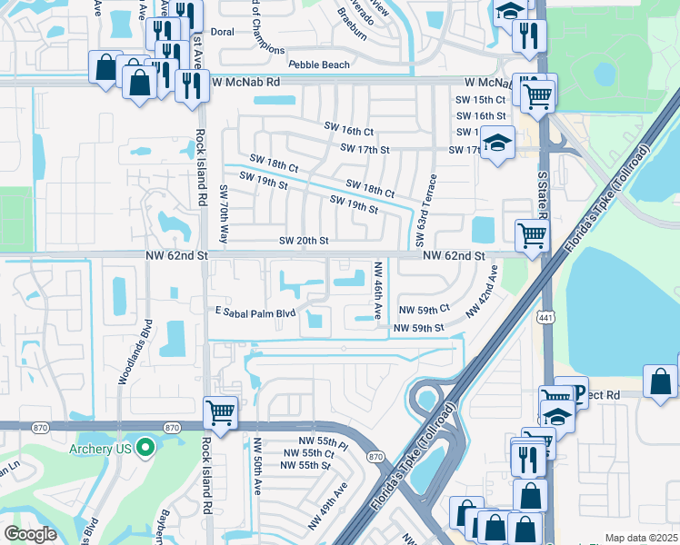 map of restaurants, bars, coffee shops, grocery stores, and more near 4940 East Sabal Palm Boulevard in Tamarac