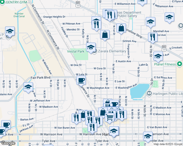 map of restaurants, bars, coffee shops, grocery stores, and more near 508 West Lela Street in Harlingen