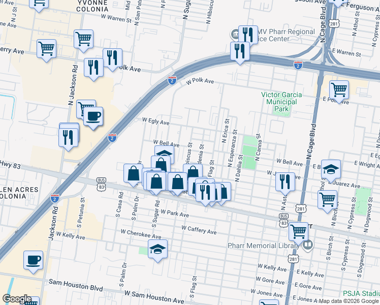 map of restaurants, bars, coffee shops, grocery stores, and more near 819 West Bell Avenue in Pharr