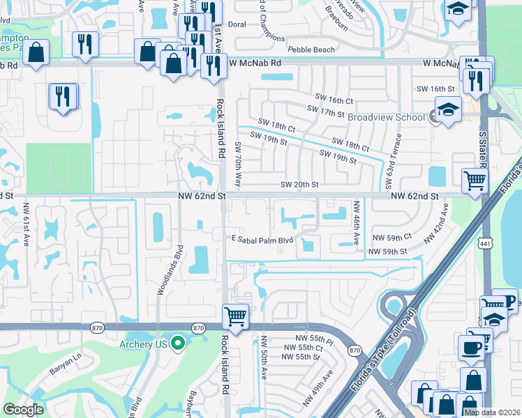 map of restaurants, bars, coffee shops, grocery stores, and more near 6085 North Sabal Palm Boulevard in Tamarac