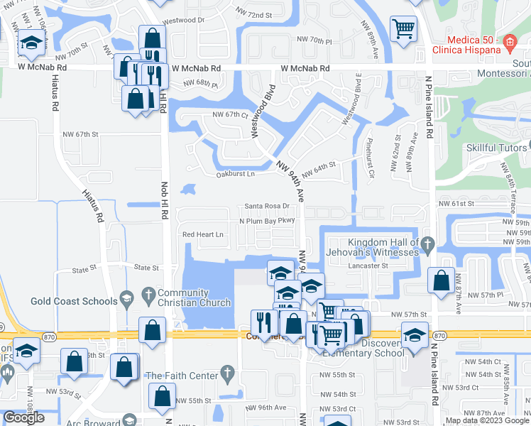map of restaurants, bars, coffee shops, grocery stores, and more near 6007 Harbor Isle Way in Tamarac