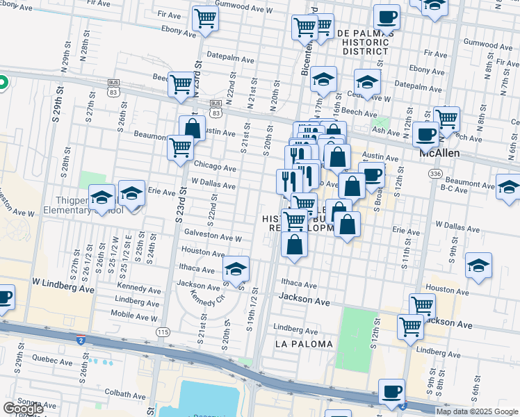 map of restaurants, bars, coffee shops, grocery stores, and more near 421 South 20th Street in McAllen