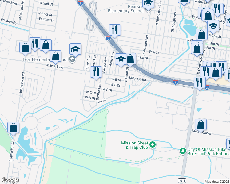 map of restaurants, bars, coffee shops, grocery stores, and more near 1007 West F Street in Mission