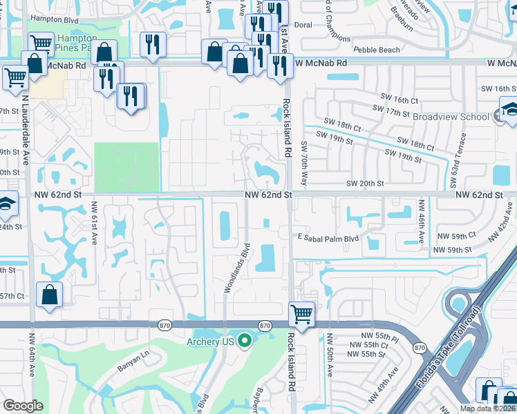 map of restaurants, bars, coffee shops, grocery stores, and more near 6195 Rock Island Road in Tamarac