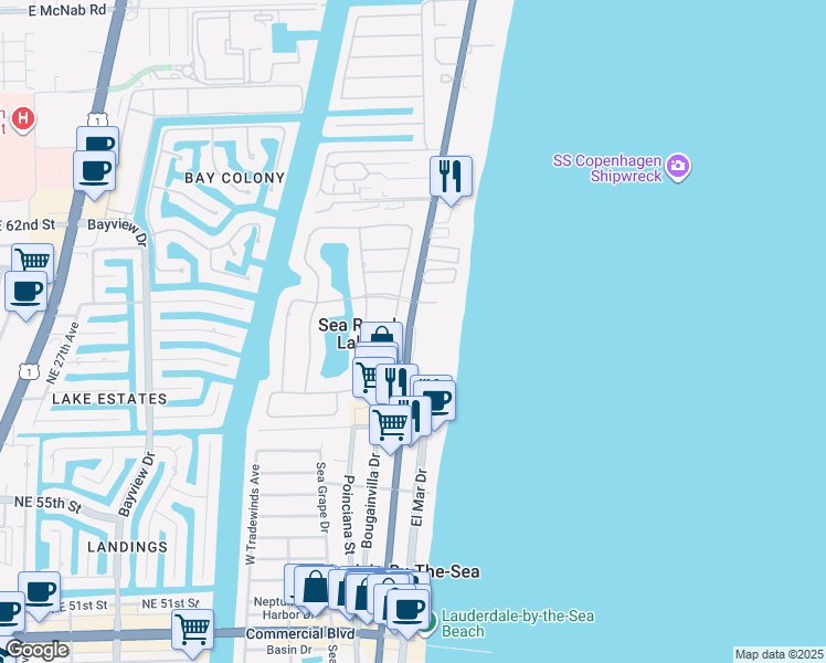 map of restaurants, bars, coffee shops, grocery stores, and more near 5100 North Ocean Drive in Lauderdale-by-the-Sea