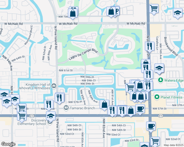 map of restaurants, bars, coffee shops, grocery stores, and more near 8300 Northwest 61st Street in Tamarac
