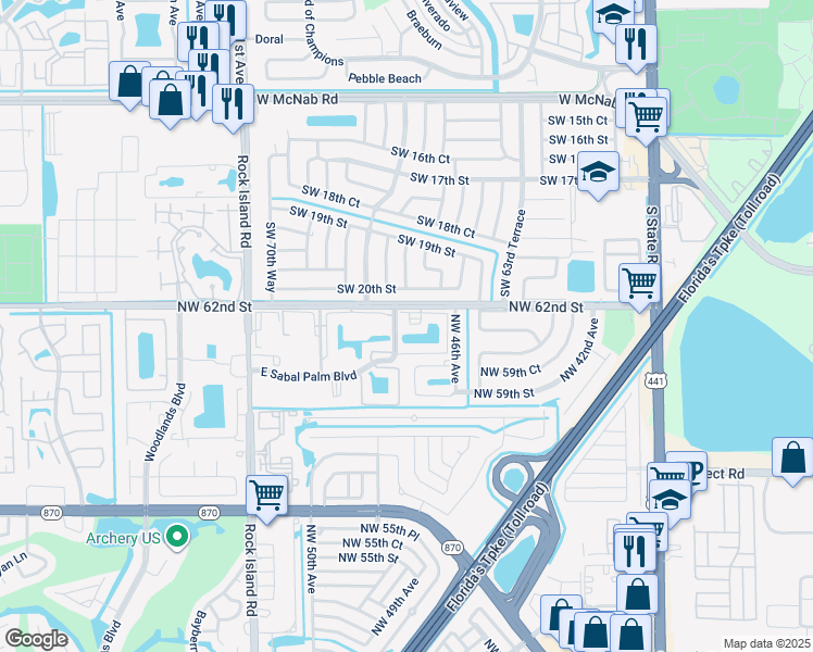 map of restaurants, bars, coffee shops, grocery stores, and more near 4940 East Sabal Palm Boulevard in Tamarac