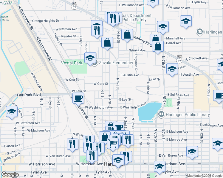 map of restaurants, bars, coffee shops, grocery stores, and more near 808 North A Street in Harlingen