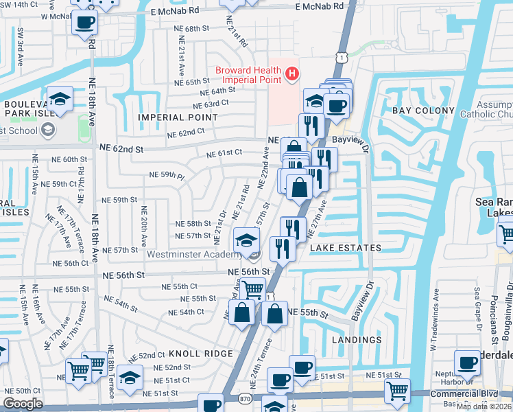 map of restaurants, bars, coffee shops, grocery stores, and more near 5870 Northeast 21st Road in Fort Lauderdale