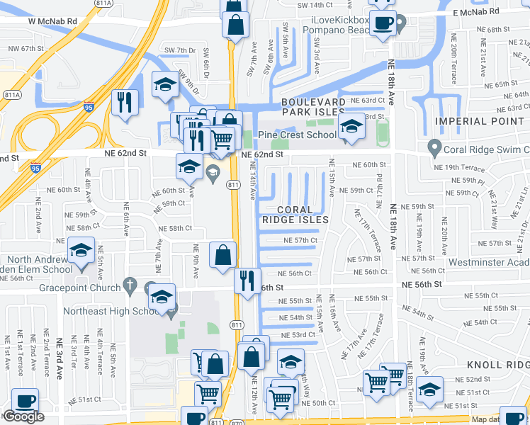 map of restaurants, bars, coffee shops, grocery stores, and more near 5840 Northeast 14th Road in Fort Lauderdale