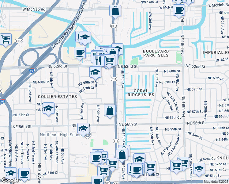 map of restaurants, bars, coffee shops, grocery stores, and more near 5897 North Dixie Highway in Oakland Park