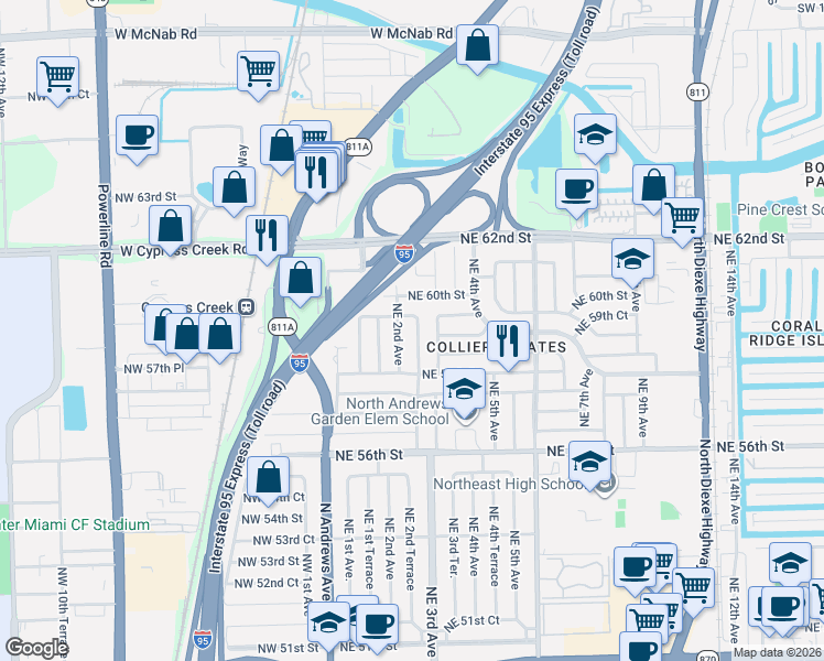 map of restaurants, bars, coffee shops, grocery stores, and more near 5930 Northeast 2nd Terrace in Fort Lauderdale
